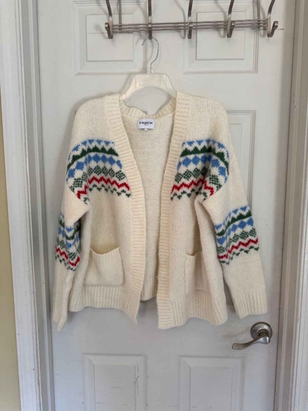 FRNCH Fairisle Long Sleeve Cream Open Cardigan Sweater One Size Fits All - Picture 3 of 7
